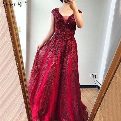 Pink V-Neck Evening Dresses Long 2025 Lace Beading Crystal Sleeveless A-Line Evening Gowns Serene Hill LA70225 - SERENE HILL