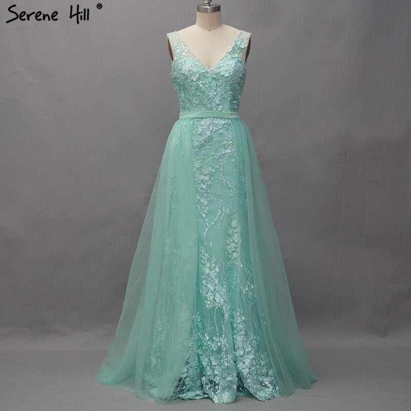 On Sale No Return No Refund Pink V-Neck Sexy Mermaid Dubai Evening Dresses 2025 Sleeveless Handmade Flowers Pearls Evening Gowns LA60737 - SERENE HILL