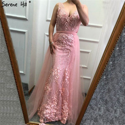 On Sale No Return No Refund Pink V-Neck Sexy Mermaid Dubai Evening Dresses 2025 Sleeveless Handmade Flowers Pearls Evening Gowns LA60737 - SERENE HILL