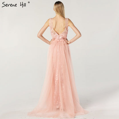 On Sale No Return No Refund Pink V-Neck Sexy Mermaid Dubai Evening Dresses 2025 Sleeveless Handmade Flowers Pearls Evening Gowns LA60737 - SERENE HILL