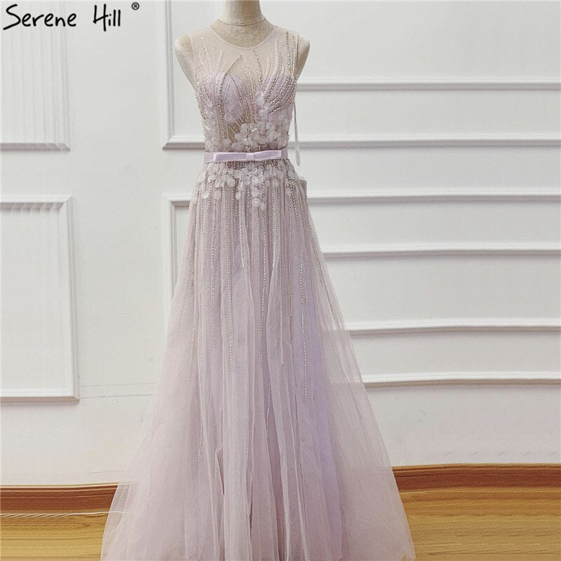 On Sale No Return No Refund Sale Purple Dream O-Neck Sleeveless Sexy Evening Dresses Diamond Handmade Flowers A-Line Formal Dress 2025 Serene Hill LA6122 - SERENE HILL