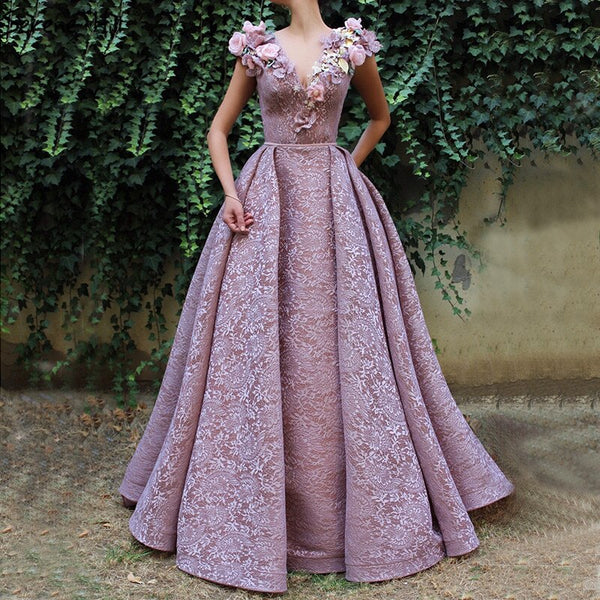On Sale no return no refundSale Purple V-Neck Handmade Flowers Lace Evening Dresses 2025 Sleeveless Mermaid Sexy Evening Gowns Serene Hill LA60764