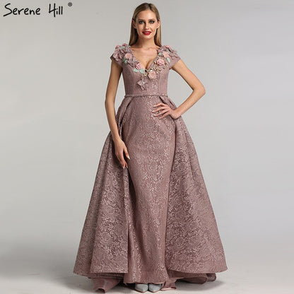 On Sale no return no refundSale Purple V-Neck Handmade Flowers Lace Evening Dresses 2025 Sleeveless Mermaid Sexy Evening Gowns Serene Hill LA60764 - SERENE HILL