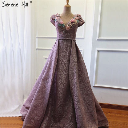 On Sale no return no refundSale Purple V-Neck Handmade Flowers Lace Evening Dresses 2025 Sleeveless Mermaid Sexy Evening Gowns Serene Hill LA60764 - SERENE HILL