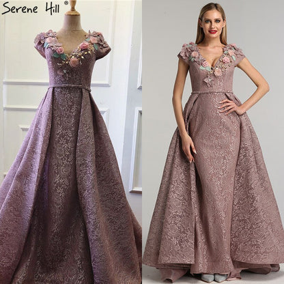 On Sale no return no refundSale Purple V-Neck Handmade Flowers Lace Evening Dresses 2025 Sleeveless Mermaid Sexy Evening Gowns Serene Hill LA60764 - SERENE HILL