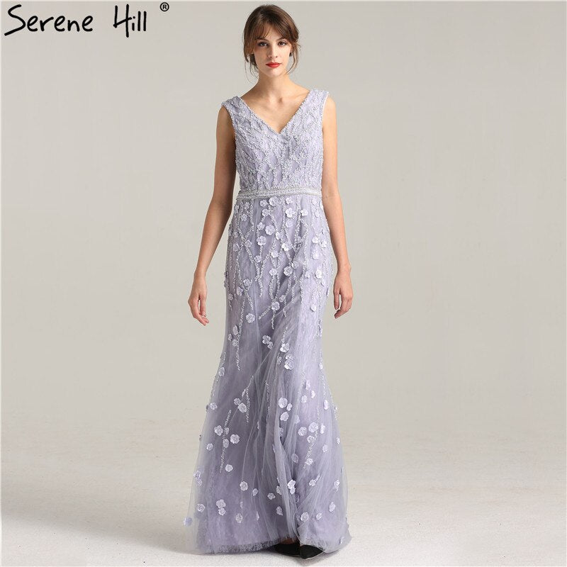 On Sale No Return No Refund Sale Real Photo Deep-V Sexy Evening Dress Long Beading Pearls Tulle Sleeveless Mermaid Party Evening Dress 2025 LA6255 - SERENE HILL