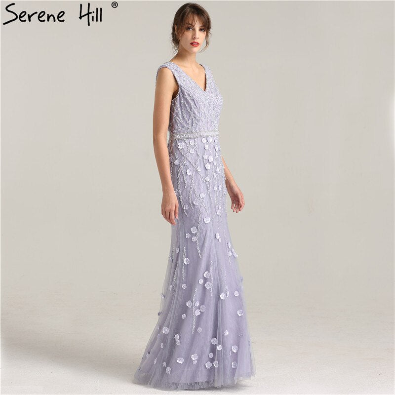 On Sale No Return No Refund Sale Real Photo Deep-V Sexy Evening Dress Long Beading Pearls Tulle Sleeveless Mermaid Party Evening Dress 2025 LA6255 - SERENE HILL
