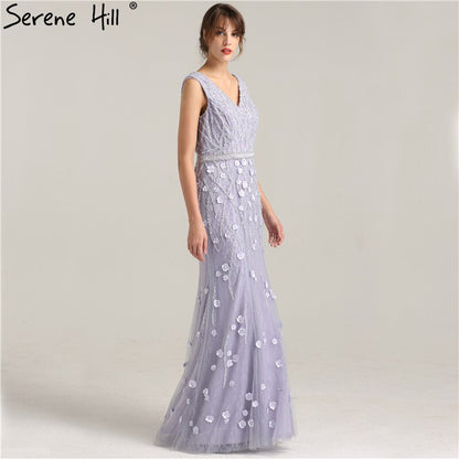 On Sale No Return No Refund Sale Real Photo Deep-V Sexy Evening Dress Long Beading Pearls Tulle Sleeveless Mermaid Party Evening Dress 2025 LA6255 - SERENE HILL