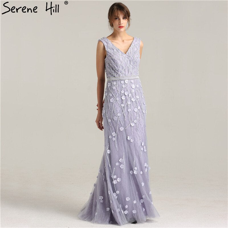 On Sale No Return No Refund Sale Real Photo Deep-V Sexy Evening Dress Long Beading Pearls Tulle Sleeveless Mermaid Party Evening Dress 2025 LA6255 - SERENE HILL