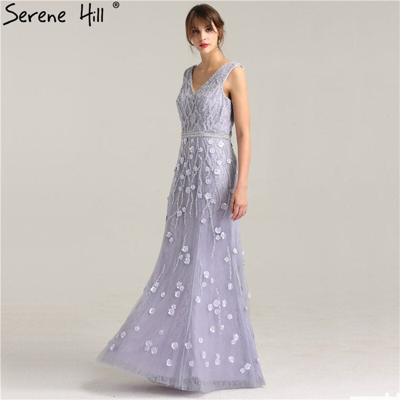 On Sale No Return No Refund Sale Real Photo Deep-V Sexy Evening Dress Long Beading Pearls Tulle Sleeveless Mermaid Party Evening Dress 2025 LA6255 - SERENE HILL