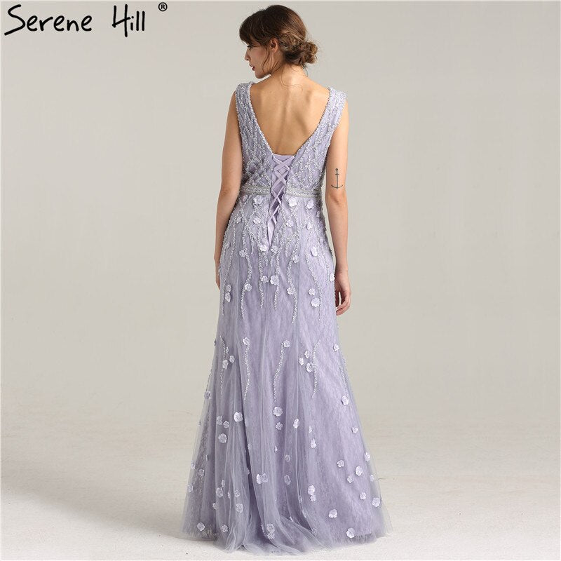 On Sale No Return No Refund Sale Real Photo Deep-V Sexy Evening Dress Long Beading Pearls Tulle Sleeveless Mermaid Party Evening Dress 2025 LA6255 - SERENE HILL
