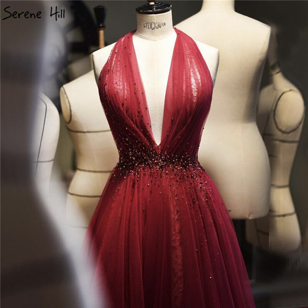 On Sale no return no refundSale Red Halter Sexy Sleeveless Evening Dresses 2025 Crystal A-Line Tulle Formal Dress Design Serene Hill LA70348