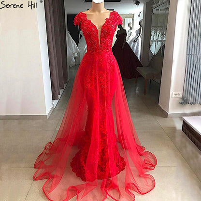 On Sale no return no refundSale Red Lace Pearls V-Neck Evening Dresses Design 2025 Cap Sleeve Sexy Mermaid Formal Dress Serene Hill LA6604 - SERENE HILL