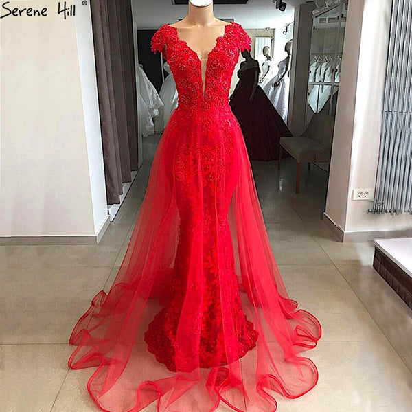 On Sale no return no refundSale Red Lace Pearls V-Neck Evening Dresses Design 2025 Cap Sleeve Sexy Mermaid Formal Dress Serene Hill LA6604