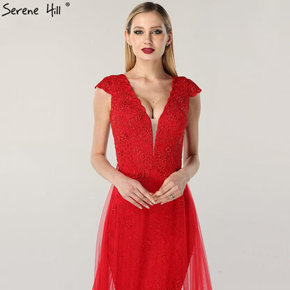 On Sale no return no refundSale Red Lace Pearls V-Neck Evening Dresses Design 2025 Cap Sleeve Sexy Mermaid Formal Dress Serene Hill LA6604 - SERENE HILL