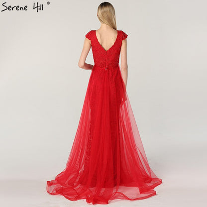 On Sale no return no refundSale Red Lace Pearls V-Neck Evening Dresses Design 2025 Cap Sleeve Sexy Mermaid Formal Dress Serene Hill LA6604 - SERENE HILL