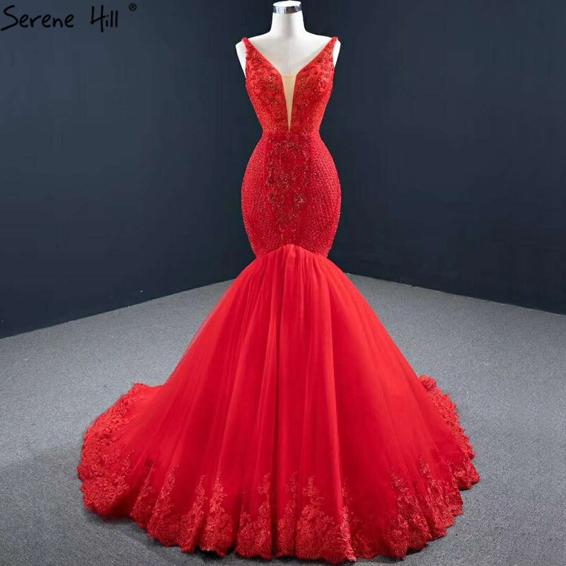 Red Mermaid Sexy Sleeveless Evening Dresses 2025 V-Neck Beading Crystal Lace Formal Dress Serene Hill HM67151 - SERENE HILL