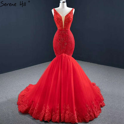 Red Mermaid Sexy Sleeveless Evening Dresses 2025 V-Neck Beading Crystal Lace Formal Dress Serene Hill HM67151 - SERENE HILL