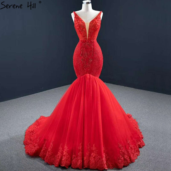Red Mermaid Sexy Sleeveless Evening Dresses 2025 V-Neck Beading Crystal Lace Formal Dress Serene Hill HM67151