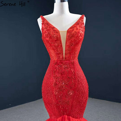 Red Mermaid Sexy Sleeveless Evening Dresses 2025 V-Neck Beading Crystal Lace Formal Dress Serene Hill HM67151 - SERENE HILL
