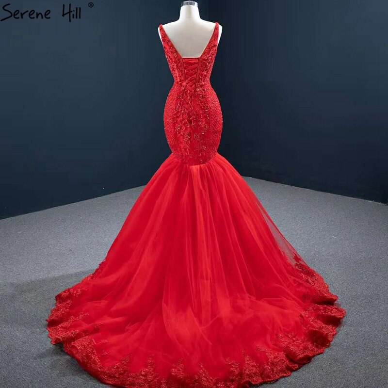 Red Mermaid Sexy Sleeveless Evening Dresses 2025 V-Neck Beading Crystal Lace Formal Dress Serene Hill HM67151 - SERENE HILL