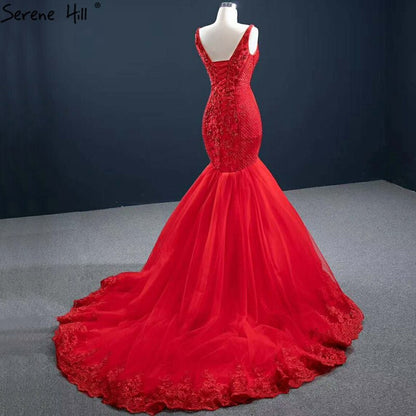 Red Mermaid Sexy Sleeveless Evening Dresses 2025 V-Neck Beading Crystal Lace Formal Dress Serene Hill HM67151 - SERENE HILL
