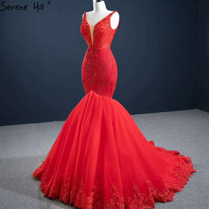Red Mermaid Sexy Sleeveless Evening Dresses 2025 V-Neck Beading Crystal Lace Formal Dress Serene Hill HM67151 - SERENE HILL