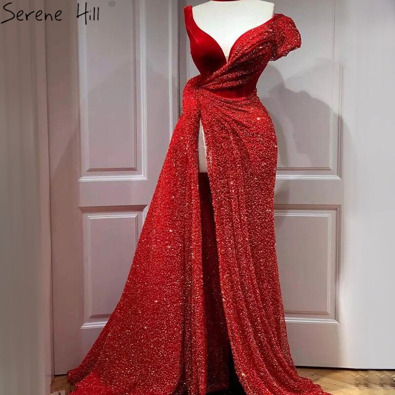 Sale Red One Shoulder Luxury Dubai Evening Dresses Long 2025 Sleeveless Sexy Beaded Sequins Formal Dress Serene Hill LA70416 - SERENE HILL