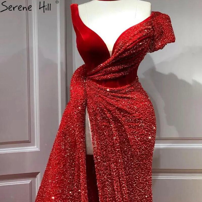 Sale Red One Shoulder Luxury Dubai Evening Dresses Long 2025 Sleeveless Sexy Beaded Sequins Formal Dress Serene Hill LA70416 - SERENE HILL