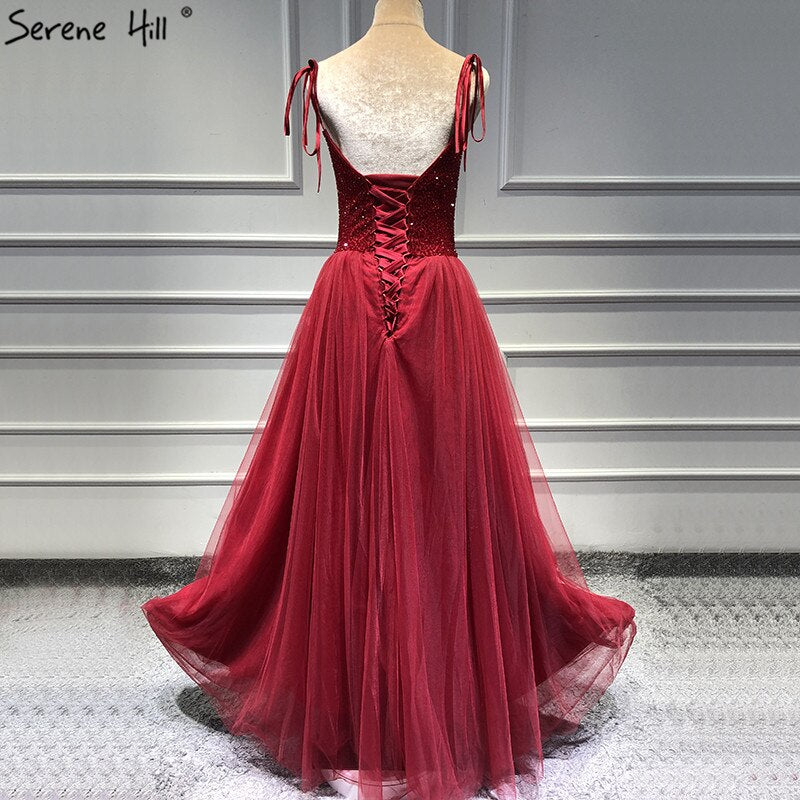 On Sale no return no refundSale Red Sexy A-Line Evening Dresses Latest Design Sleeveless Sequined Beading Formal Dress Real Photo LA70004 Red / 6