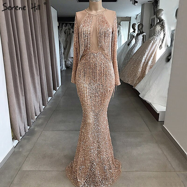 On Sale no return no refundSale Rose Gold Mermaid Long Sleeve Evening Dresses 2025 Sequined Beading Tassel Luxury Formal Dress Serene Hill LA70037