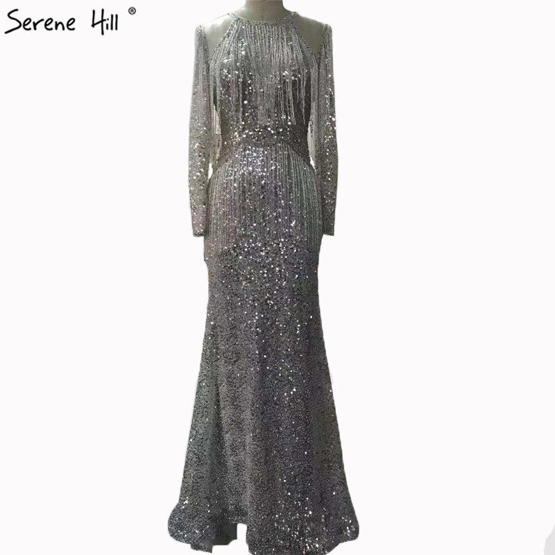 On Sale no return no refundSale Rose Gold Mermaid Long Sleeve Evening Dresses 2025 Sequined Beading Tassel Luxury Formal Dress Serene Hill LA70037 - SERENE HILL