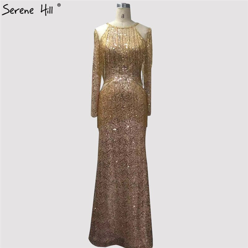 On Sale no return no refundSale Rose Gold Mermaid Long Sleeve Evening Dresses 2025 Sequined Beading Tassel Luxury Formal Dress Serene Hill LA70037 - SERENE HILL