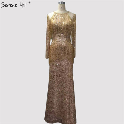 On Sale no return no refundSale Rose Gold Mermaid Long Sleeve Evening Dresses 2025 Sequined Beading Tassel Luxury Formal Dress Serene Hill LA70037 - SERENE HILL