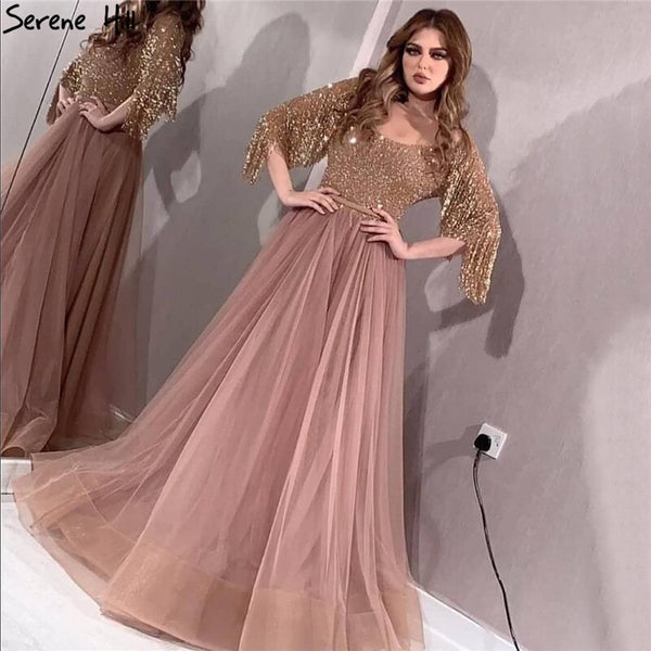 Rose Gold O-Neck Sequined Evening Dresses 2025 A-Line Latest Design Sexy Sparkle Formal Dress Serene Hill LA60976