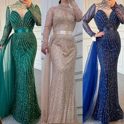 Serene Hill Muslim Ivory With Skirt Mermaid Elegant O Neck Luxury Beaded Evening Dresses Gowns 2025 For Women Party LA71767 - SERENE HILL