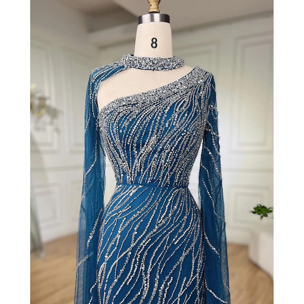 Black Mermaid Elegant Cape Sleeves Beaded Luxury Evening Gown LA72112 - SERENE HILL