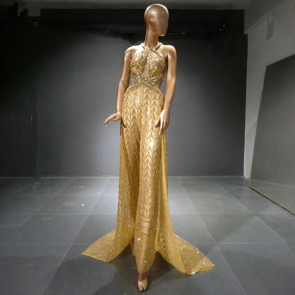 Gold Luxury Jumpsuit Evening Dresses Gowns 2025 Beaded Sexy Overskirt For Women Party Serene Hill LA71505 - SERENE HILL