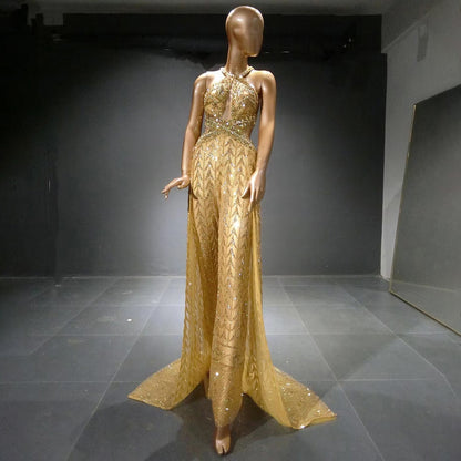 Gold Luxury Jumpsuit Evening Dresses Gowns 2025 Beaded Sexy Overskirt For Women Party Serene Hill LA71505 - SERENE HILL