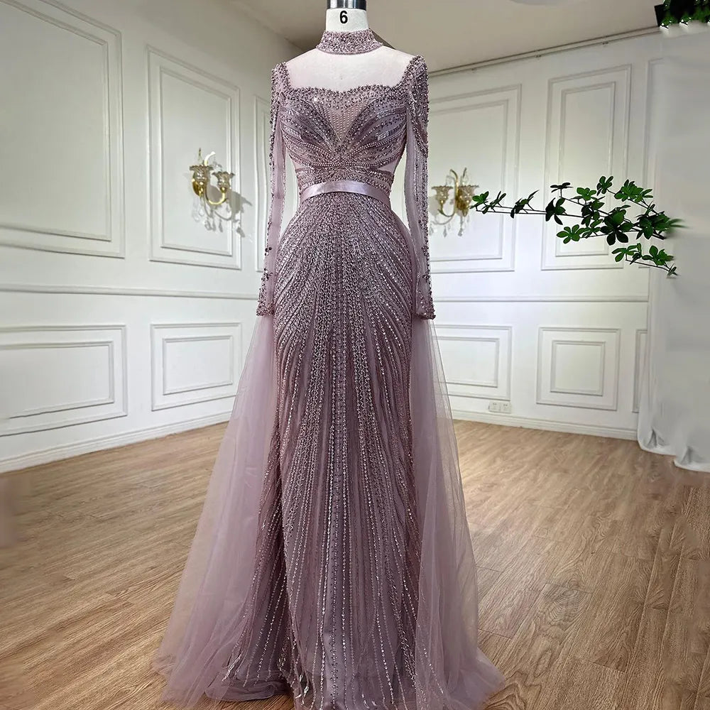 Luxury Nude Modest Beaded Tassel Mermaid Evening Dress LA71533 - SERENE HILL