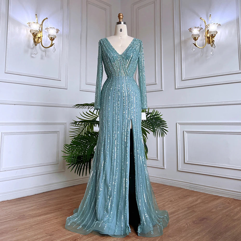 Serene Hill Silver Blue Mermaid Split Evening Dresses Gowns 2025 turquoise / 6