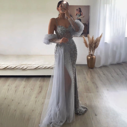 Serene Hill Gray Mermaid Elegant Balloon Sleeves Sweetheart Evening Dresses Gowns 2025 Luxury Beaded For Women Party LA71571A - SERENE HILL