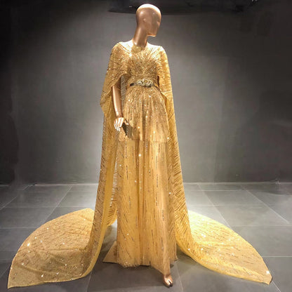 Gold Luxury A-Line Evening Dresses Gowns 2025 Beaded Elegant Cape Sleeves For Women Party Serene Hill LA71502 - SERENE HILL