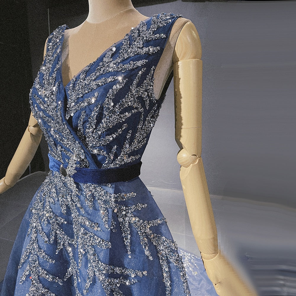 Serene Hill Blue Beaded Bling Evening Dresses Gowns 2025 V-Neck Sexy Luxury A-Line For Women Party LA71508 - SERENE HILL