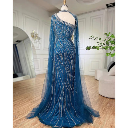 Black Mermaid Elegant Cape Sleeves Beaded Luxury Evening Gown LA72112 - SERENE HILL