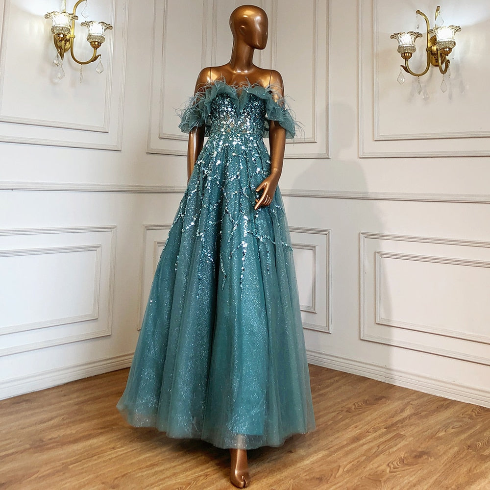 Luxury Turquoise Beaded Feather A Line Evening Dress LA71328 - SERENE HILL