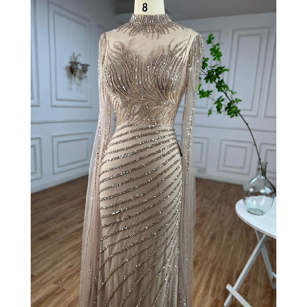 Saudi Arabia Caramel Mermaid Evening Dress with Cape Sleeves LA71885 - SERENE HILL