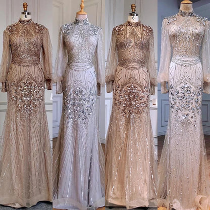 Silver Mermaid Luxury Beaded Evening Dress Gown Full Sleeves LA71036 (On Sale, No Return, No Refund) - SERENE HILL