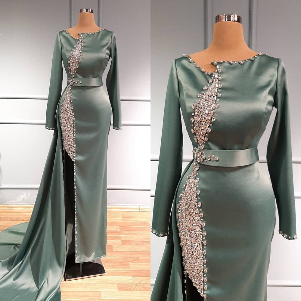 Serene Hill Turquoise Mermaid High Split Evening Dresses Gowns 2025 Overskirt Beaded Crystal For Women Party LA71516 - SERENE HILL
