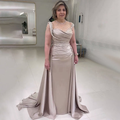 Serene Hill Arabic Nude Mermaid Elegant Satin With Overskirt Evening Dresses Gowns Luxury Beaded 2025 For Women Party LA71725 - SERENE HILL